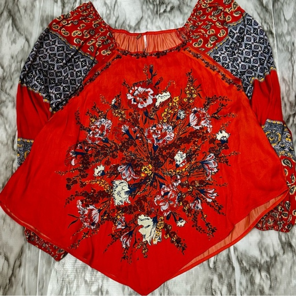 Free People Asymmetrical Embellished Raglan Blouse Orange Romantic Boho Chic